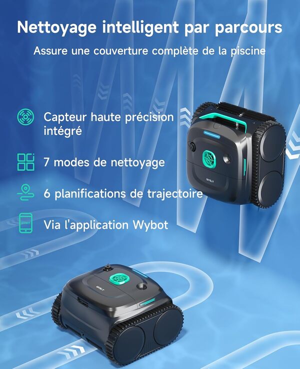 WYBOT C2 Robot Piscine sans Fil pour Piscines Enterrées 150㎡, Double Filtration, 3 Moteurs, Aspiration Puissante, Nettoyage Parois & Ligne d'eau, 180 Min, App(Noir-Vert Vert)