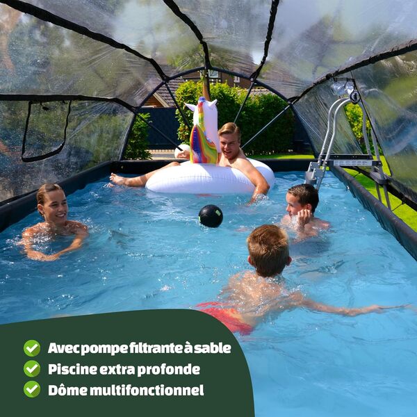 EXIT Toys Piscine Wood avec dôme Multifonctionnel - 540x250x100cm - Grande Piscine rectangulaire avec Pompe à Filtre à Sable et échelle - Extra Profonde - Eau de Piscine Propre et Chaude - Marron