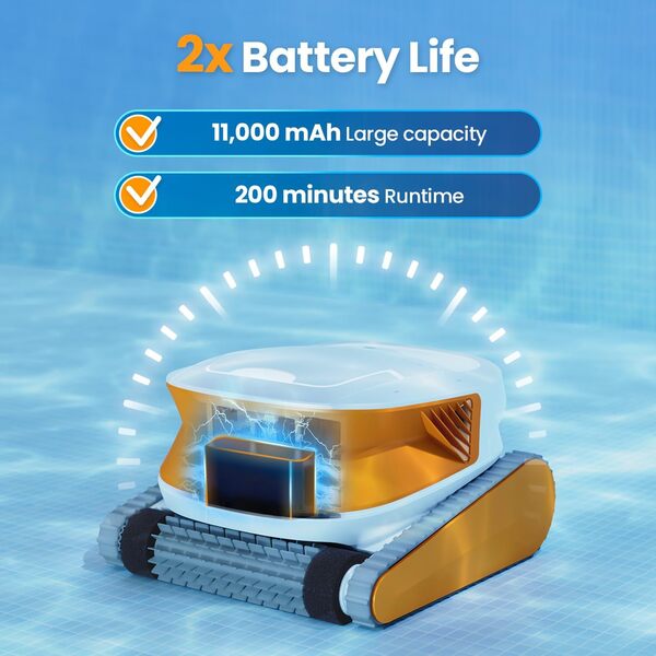 Poolmate Hydro 3 Robot nettoyeur de piscine sans fil, écumoire de piscine de 150 W avec autonomie de 200 minutes, jusqu'à 861 à 1070 m², 2 moteurs sans balais, panier de filtre de 4,1 L, escalade