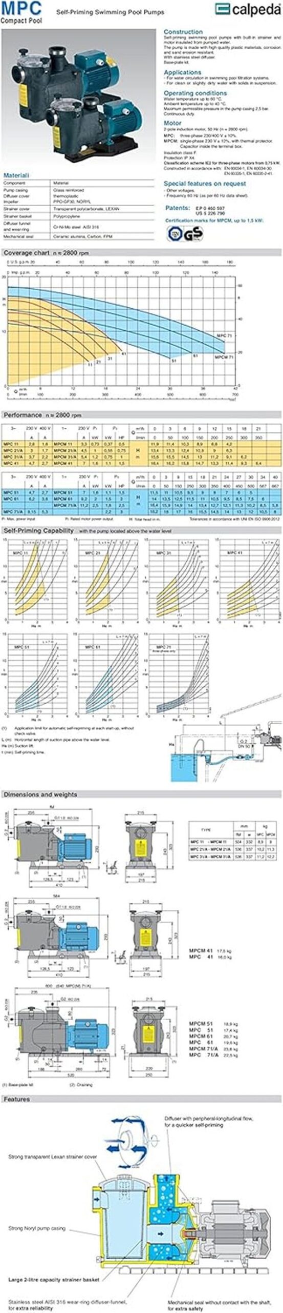 Pompe piscine avec filtre MPC31/A 0,75kW 1Hp Trois Phases 400V 50Hz Calpeda MPC