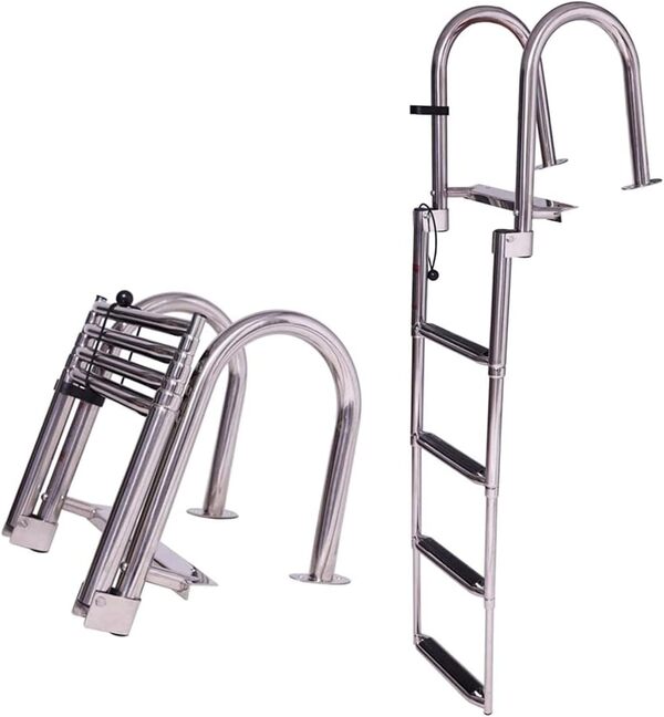KAOLALI Échelle de Bateau 4 Marches en Acier Inoxydable, Échelle de Piscine et Ponton avec Marches Antidérapantes Capacité 200kg Echelle Telescopique pour Piscine, Bateau, Quai