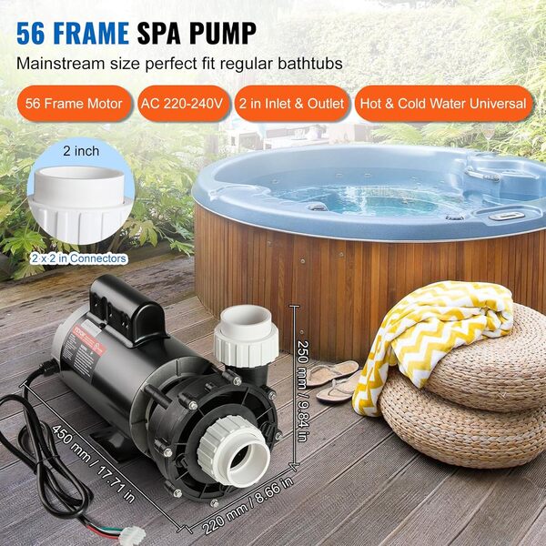 VEVOR Pompe de Spa à 2 Vitesses, Cadre 56, Pompe pour Bain à Remous, Haute Vitesse 1600 W Débit 39 m³/h 15 m ou Basse Vitesse 400 W Débit 19 m³/h 3,9 m, Interface Rotative à 90° avec 2 Ports 5 cm