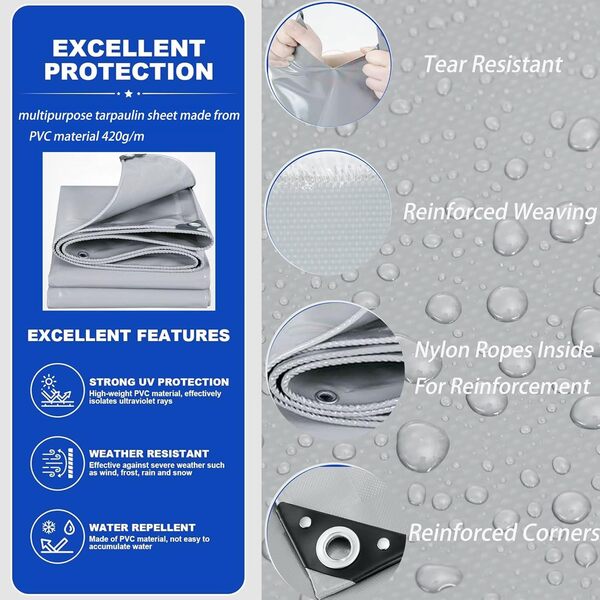 Bâche, Bache de Protection Exterieur, 1x47m 520g/m² PVC Protection Bache Exterieur Impermeable pour Chauffage de Bois, Jardin ou comme bache Piscine hivernage, Bâche avec Corde Gris