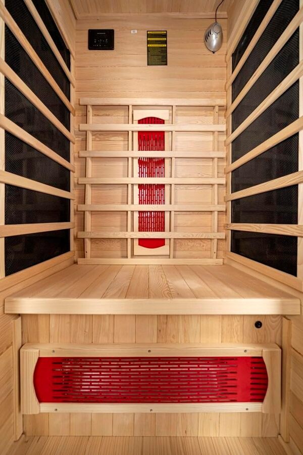 Cabine infrarouge Stockholm Alpha - Chaleur profonde pour une relaxation optimale, bois de pruche canadienne, 4 spots (céramique et carbone), chromothérapie, système de son Bluetooth, gain de place,