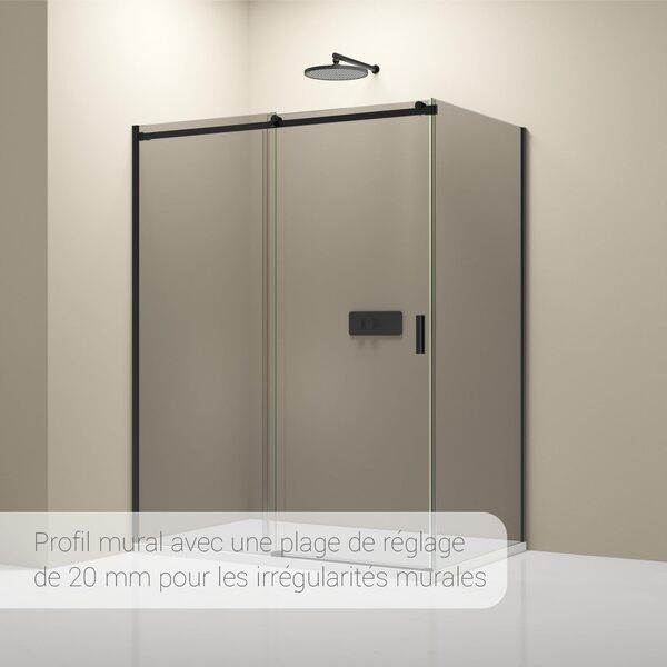 BERNSTEIN - Cabine de douche d'angle 120x90x195cm porte coulissante verre fumé trempé ESG 8mm anticalcaire, Profilés noir mat, Charnières réversibles gauche/droite - NT806FLEX