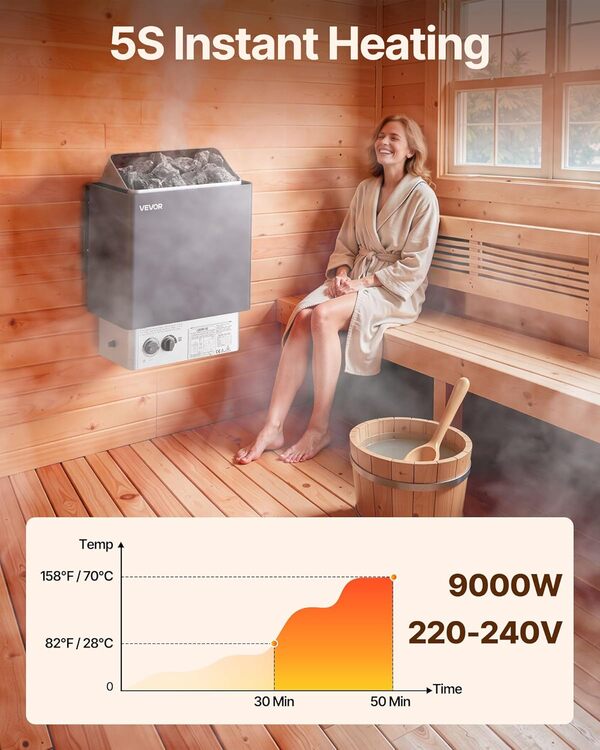 VEVOR Chauffage de Sauna 9 KW, Chauffage de Sauna avec Commandes intégrées, cuisinière électrique pour Sauna, minuterie de 3 h et température réglable pour Max. 300 à 459 Pieds Cubes, Utilisation de