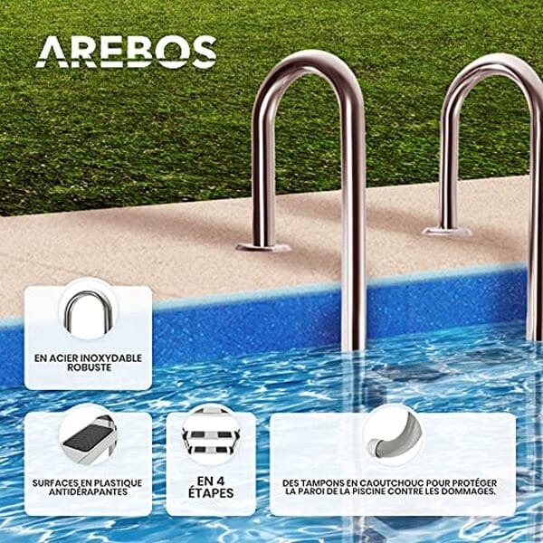Découvrez notre test détaillé de l'échelle de piscine Arebos 4 marches en acier inoxydable : qualité, robustesse et facilité d'accès pour votre bassin. 